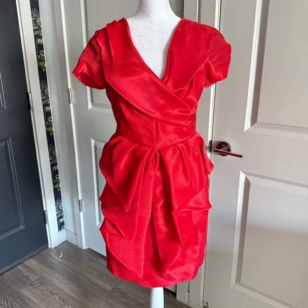 Moschino Couture Red Silk Organza Draped Short Sleeve Cocktail Dress Size US 8